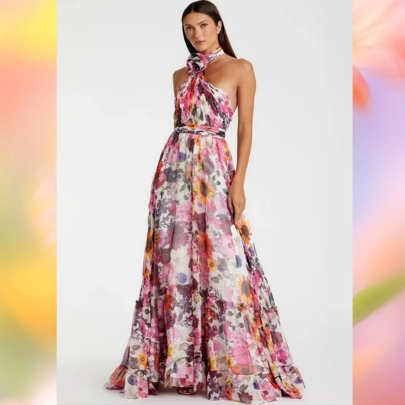 Mac Duggal ASYMMETRICAL RUFFLED HALTER FLORAL GOWN size 14 - Picture 10 of 14
